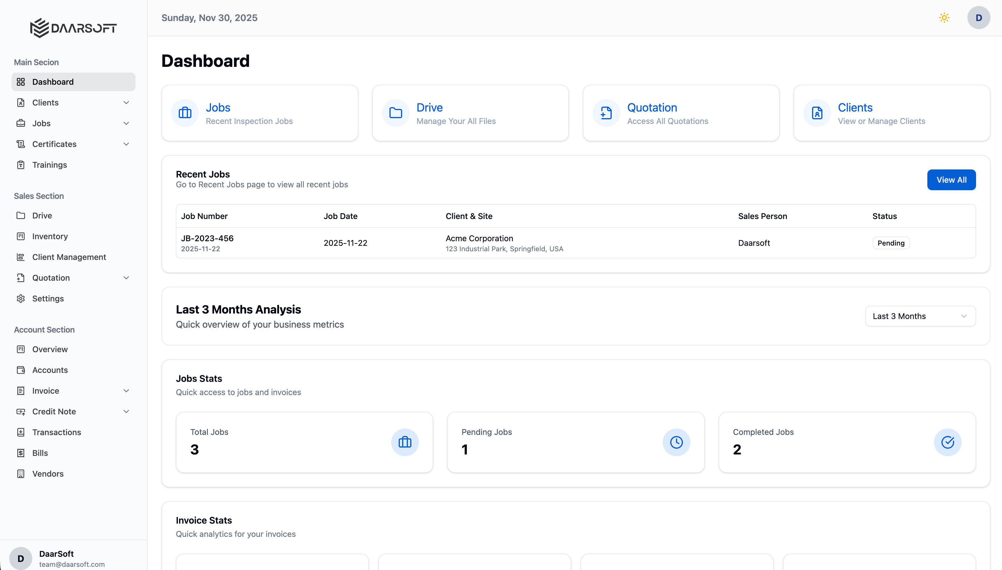 Daarsoft Dashboard — Inspection Management Software Interface showing job scheduling, analytics, and certificate management